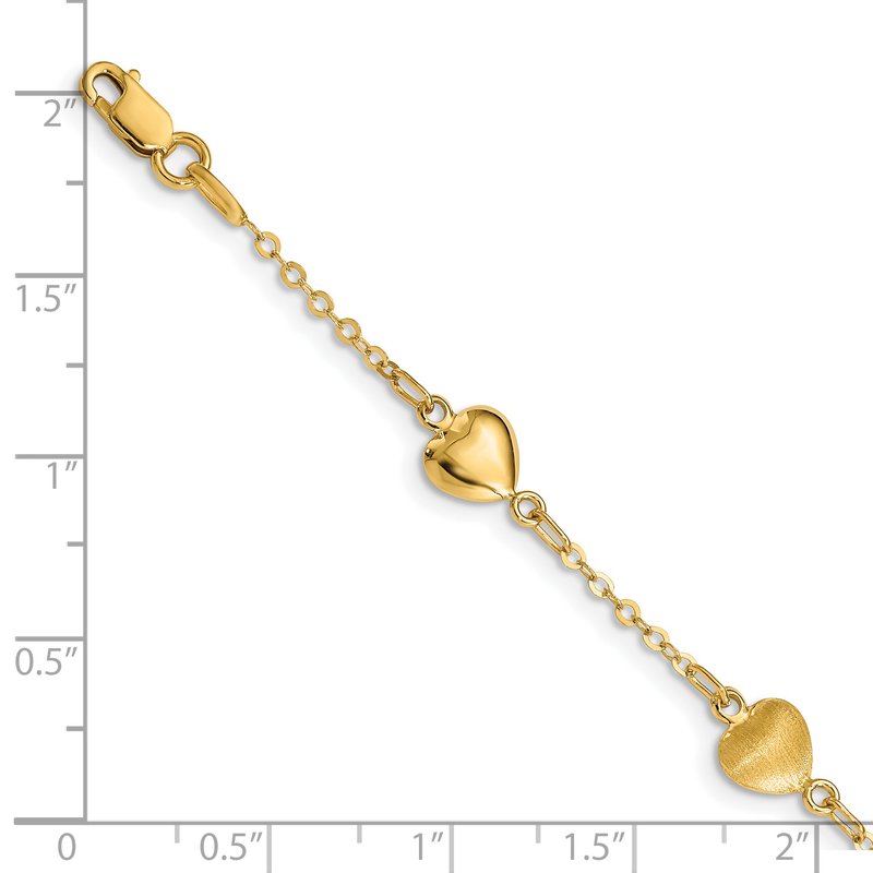 14K Brushed and Polished Puffed Hearts 7 inch Bracelet