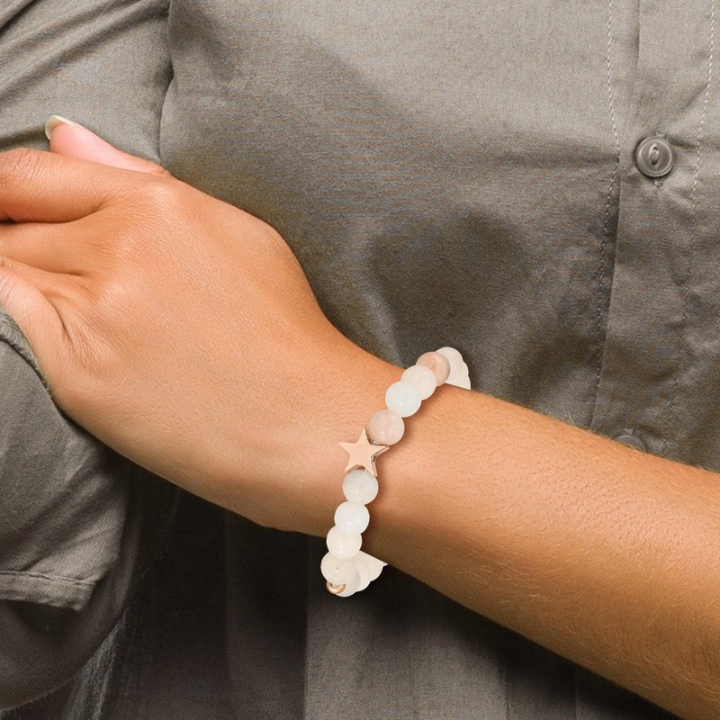Stainless Steel Polished Rose IP-plated Star 8.5mm Pink and White Aventurine Beaded Stretch Bracelet