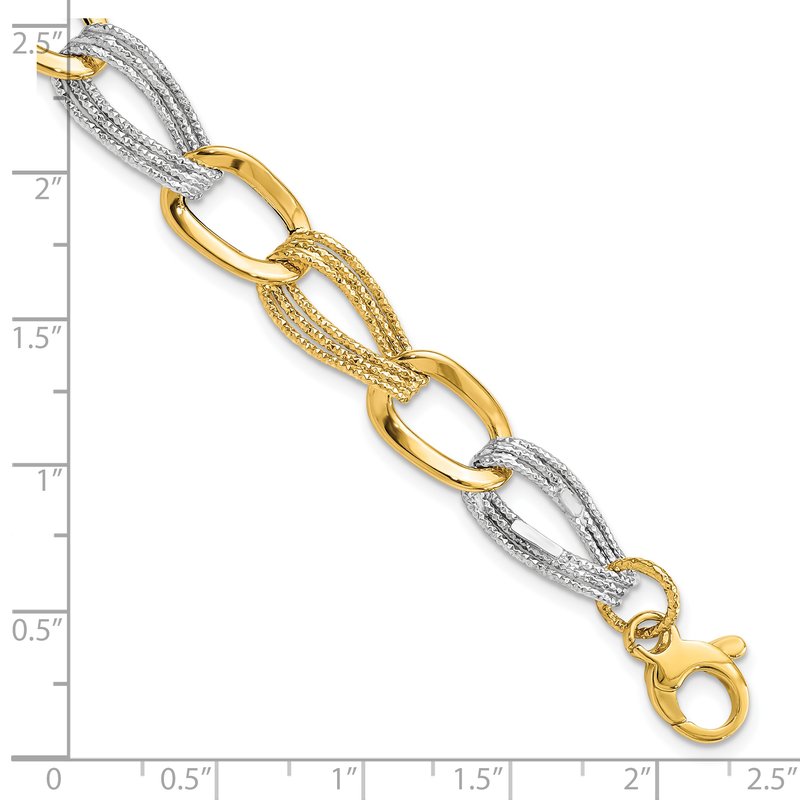 14k Two Tone Polished and Textured 9mm Fancy Link 8 inch Bracelet