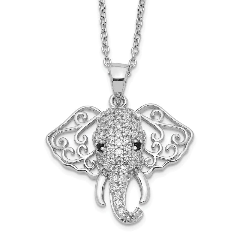Sterling Silver Rhodium-plated Brilliant-cut Black and White CZ Filigree Elephant 18 Inch Necklace