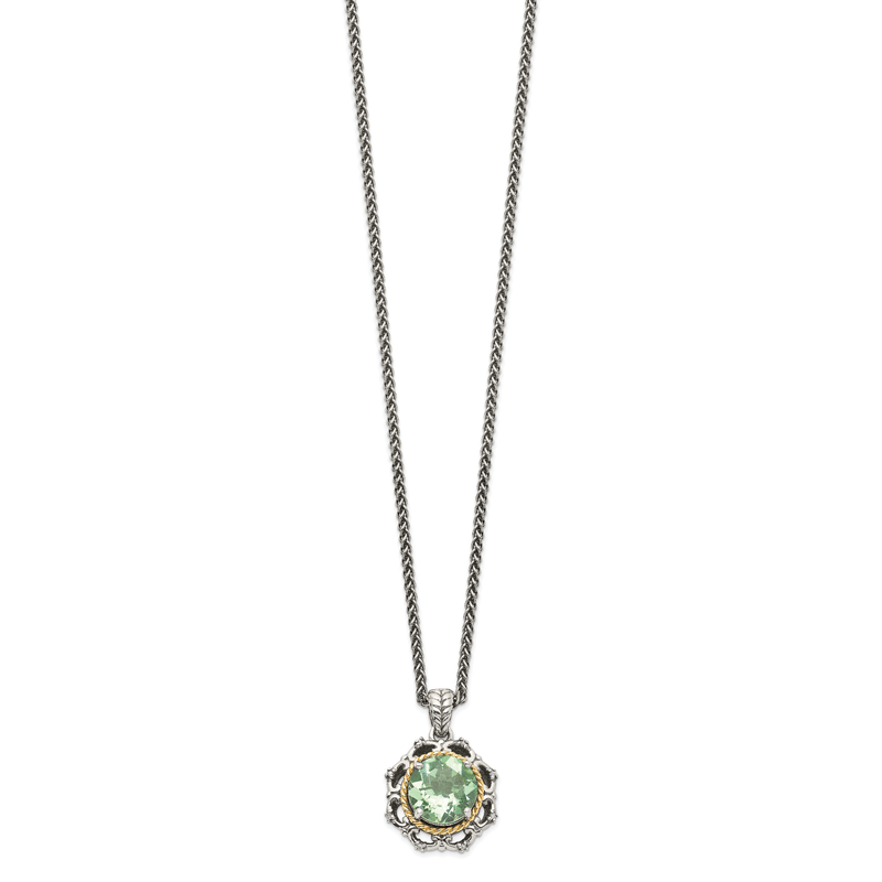 Sterling Silver with 14K Accent 18 Inch Antiqued Round Green Quartz and Diamond Necklace