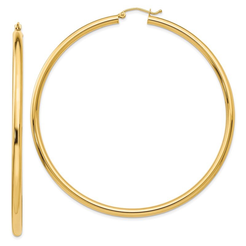 14k 3x70mm Polished Round Tube Hoop Earrings
