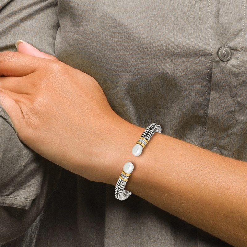 Sterling Silver with 14K Accent Antiqued 10x7.5mm Freshwater Cultured Pearl and Diamond Hinged Cuff Bracelet