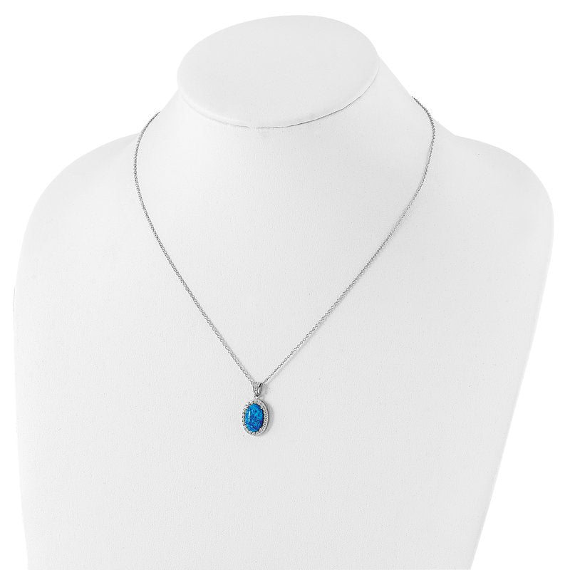 Sterling Silver Rhodium-plated Cabochon Lab Created Blue Opal and Brilliant-cut CZ Oval 18.5 Inch Necklace