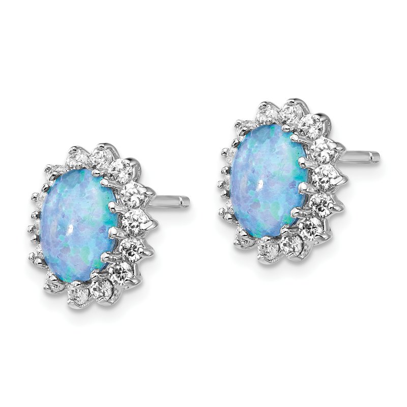 Sterling Silver Rhodium-plated Cabochon Lab Created Blue Opal and Brilliant-cut CZ Post Earrings
