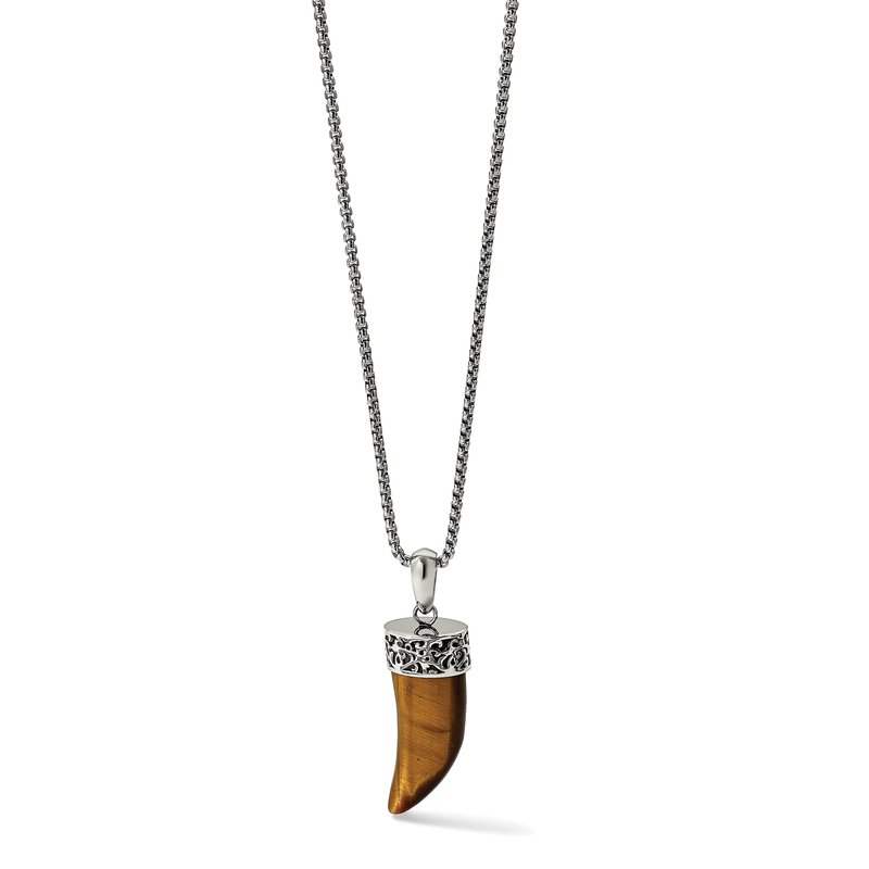 Stainless Steel Polished Tiger's Eye Horn Pendant on a 24 inch Box Chain Necklace