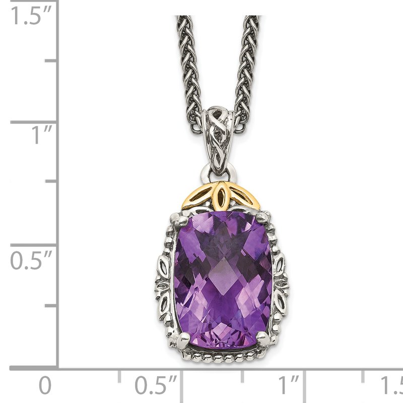Sterling Silver with 14K Accent 18 Inch Antiqued Cushion Amethyst Necklace
