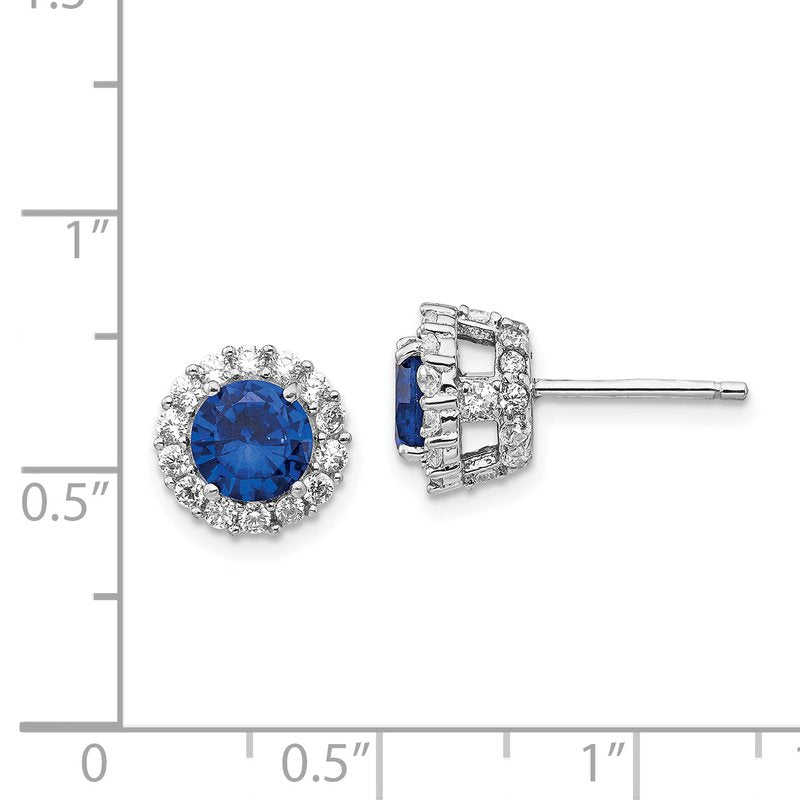 Sterling Silver Rhodium-plated Brilliant-cut Lab Created Dark Blue Spinel and Brilliant-cut White CZ Round Halo Post Earrings
