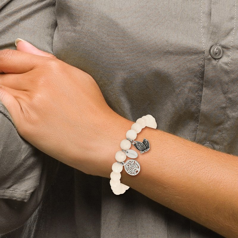 Stainless Steel Antiqued and Polished Butterfly and Tree of Life 8mm White Jade Beaded Stretch Bracelet