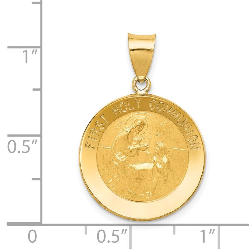 14k Polished and Satin Hollow FIRST HOLY COMMUNION Medal Round Pendant