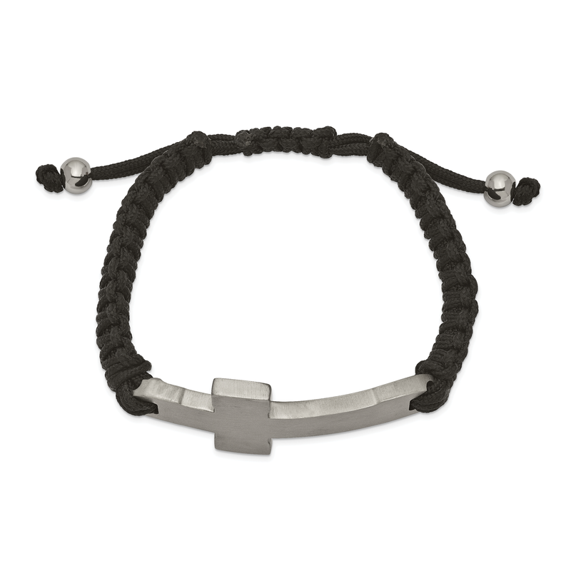 Stainless Steel Brushed and Polished Cross Black Nylon Adjustable Bracelet
