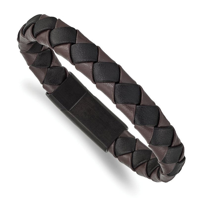 Stainless Steel Brushed Black IP-plated Black and Brown Leather 8.25 inch Bracelet