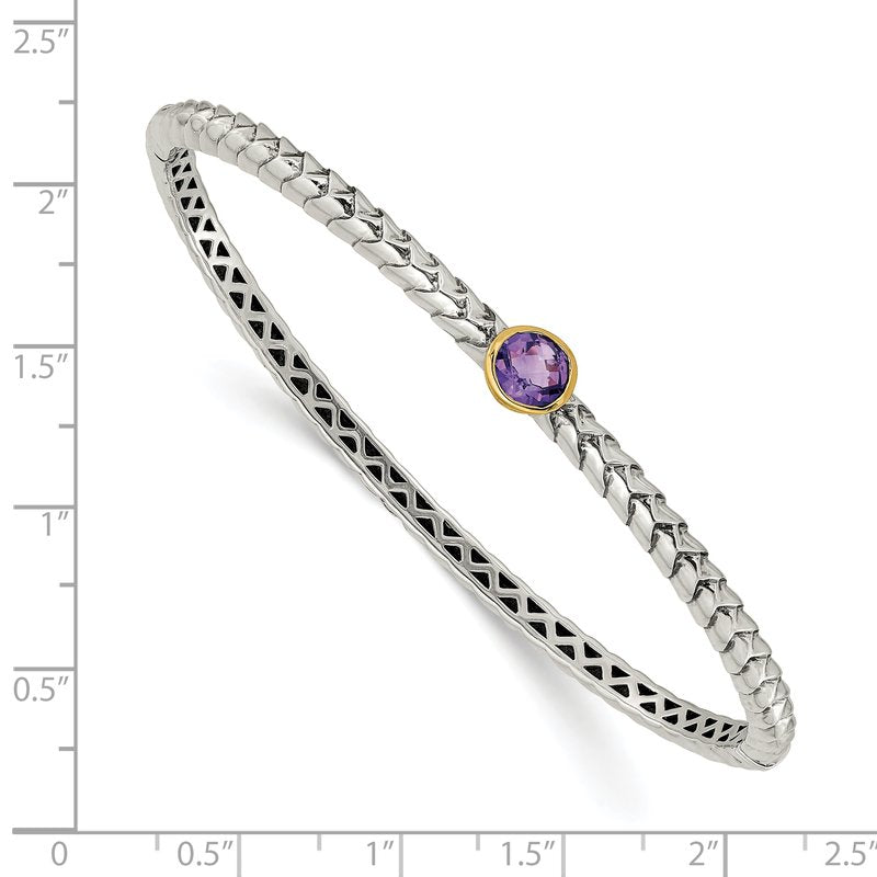 Sterling Silver Antiqued with 14K Accent Round Bezel Amethyst Hinged Bangle Bracelet