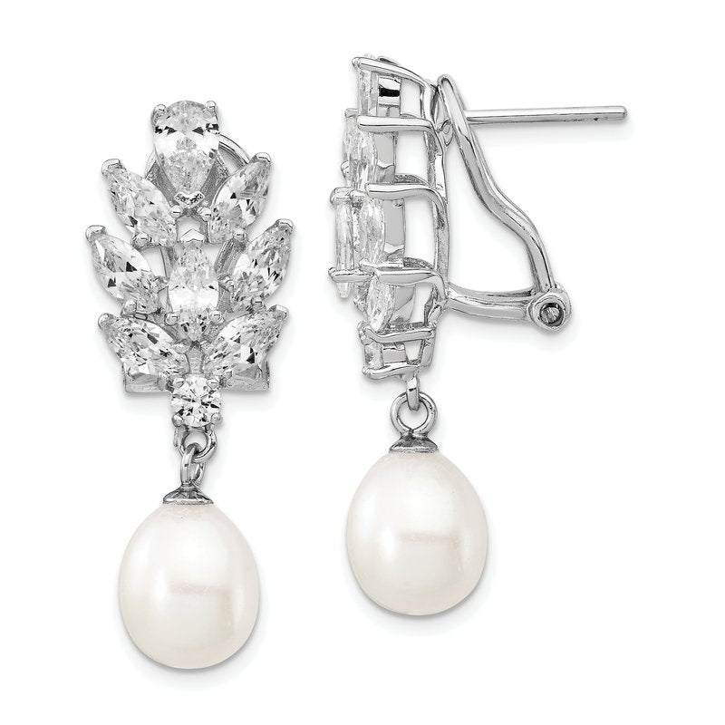 Sterling Silver Rhodium-plated Teardrop Freshwater Cultured Pearl Marquise-cut and Brilliant-cut CZ Fancy Omega Back Dangle Earrings