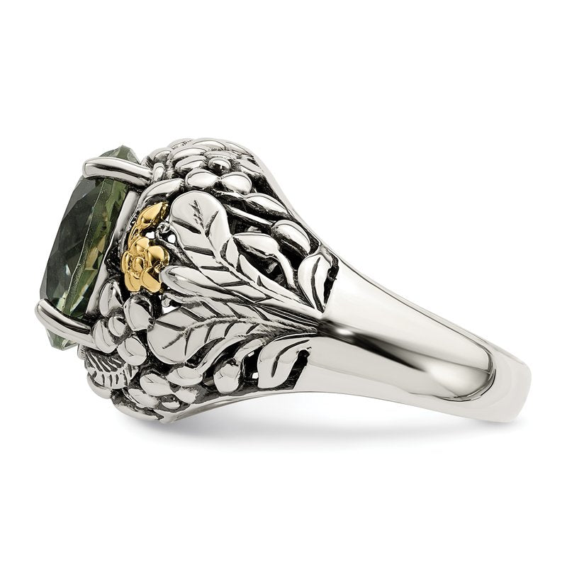 Sterling Silver with 14K Accent Antiqued Round Green Quartz Ring