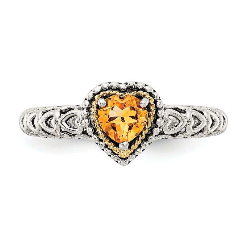 Sterling Silver with 14K Accent Antiqued Heart Citrine Ring