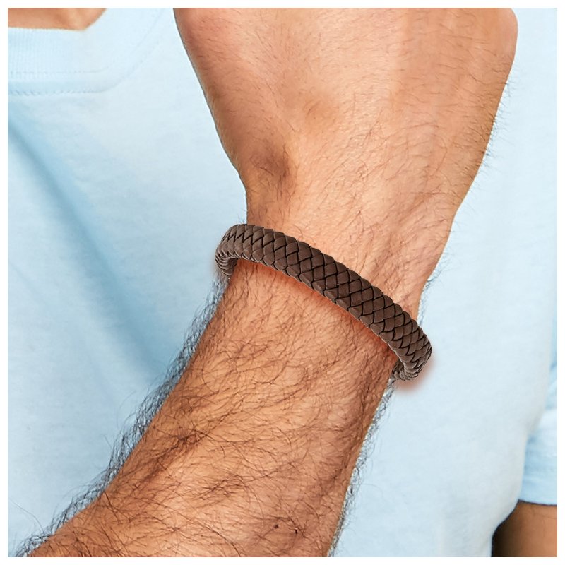 Stainless Steel Polished Brown Braided Leather 8.5 inch Bracelet
