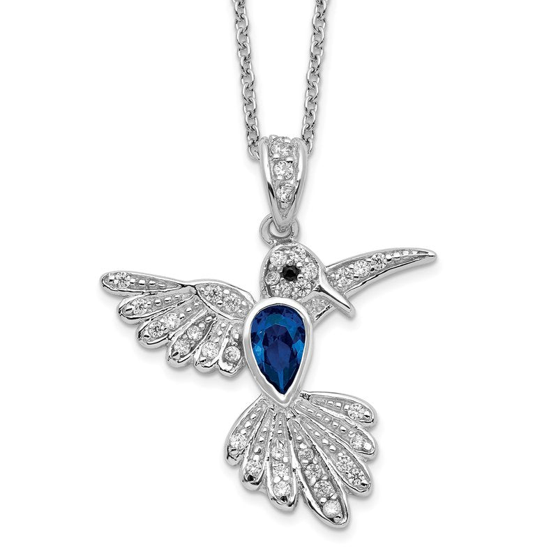 Sterling Silver Rhodium-plated Brilliant-cut Lab Created Dark Blue Spinel and Brilliant-cut White CZ Hummingbird 18 Inch Necklace