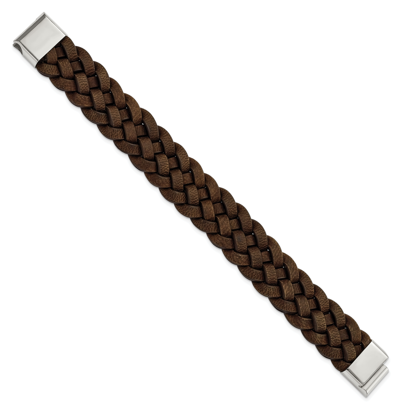 Stainless Steel Polished Brown Braided Leather 8.75 inch Bracelet