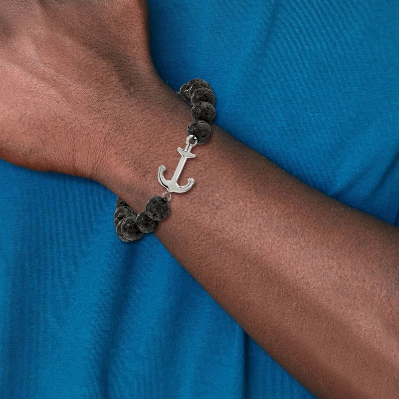 Stainless Steel Polished Anchor 10mm Black Lava Stone Stretch Bracelet