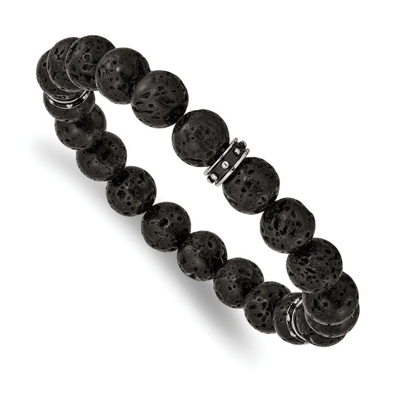 Stainless Steel Polished Black Enamel 10.5mm Lava Stone Beaded Stretch Bracelet