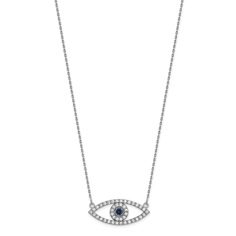 14k White Gold Polished 1/2 carat Diamond and Sapphire Medium Evil Eye 18 inch Necklace