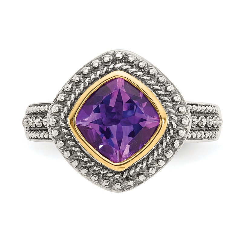 Sterling Silver with 14K Accent Antiqued Cushion Bezel Amethyst Ring