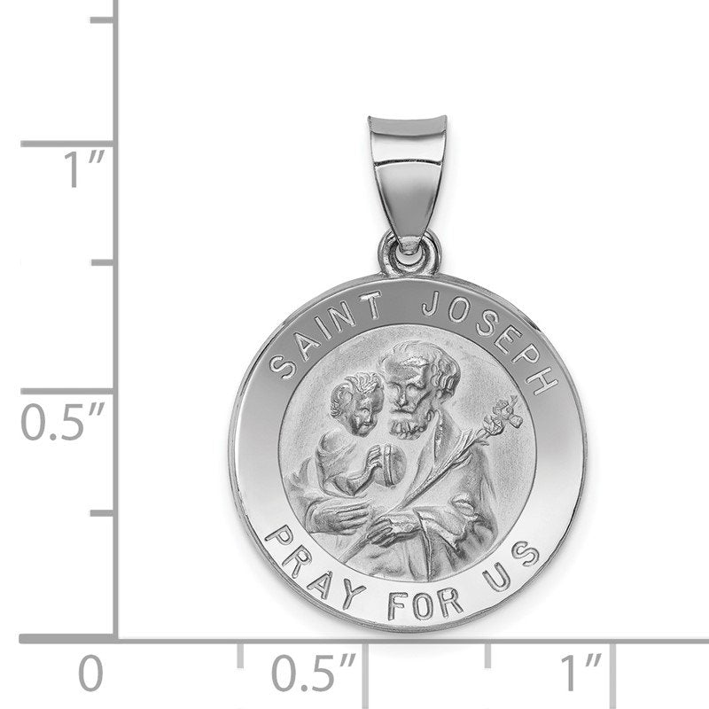 14k White Gold Polished and Satin Hollow St Joseph Medal Round Pendant