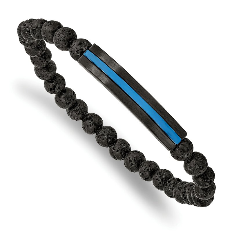 Stainless Steel Brushed and Polished Black and Blue IP-plated with 6mm Lava Stone Beaded Stretch Bracelet