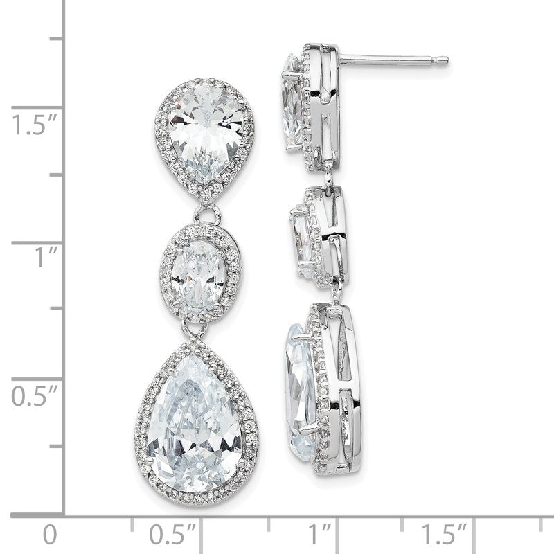 Sterling Silver Rhodium-plated Brilliant-cut Three Teardrop CZ Halo Post Dangle Earrings