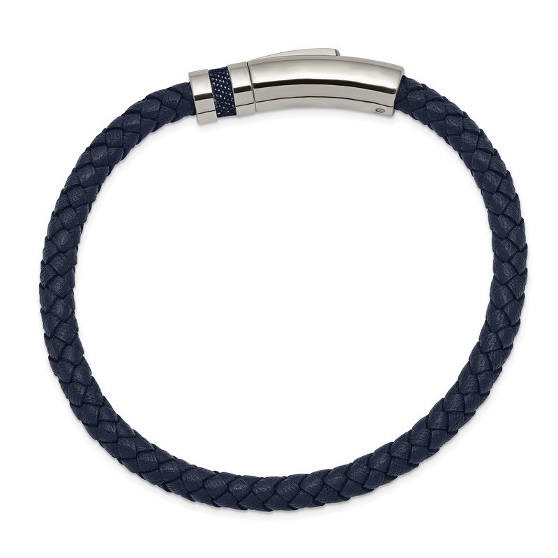 Stainless Steel Polished Blue Braided Leather 8.25 inch Bracelet