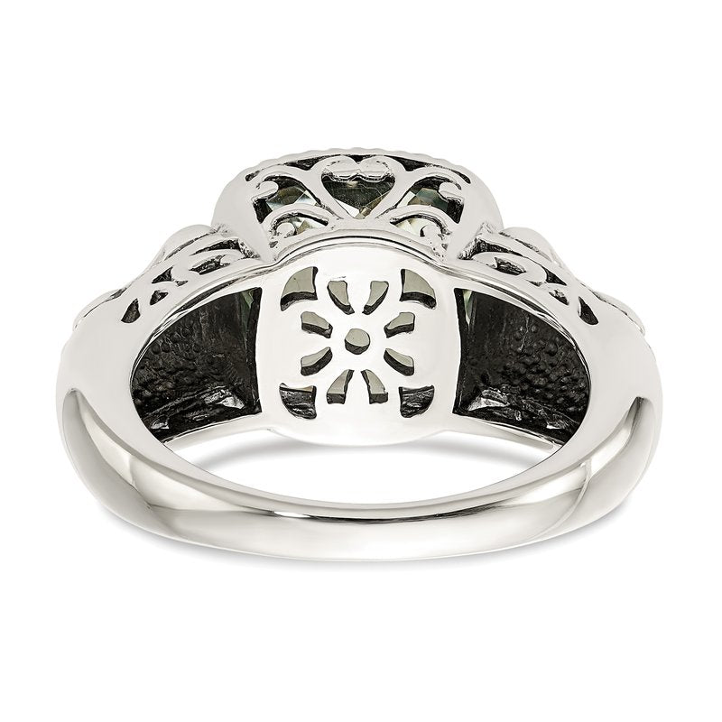 Sterling Silver with 14K Accent Antiqued Cushion Green Quartz Ring