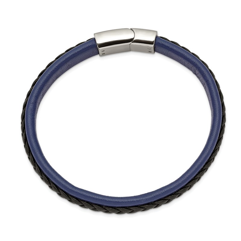 Stainless Steel Polished Blue and Black Faux Leather 8.25 inch Bracelet