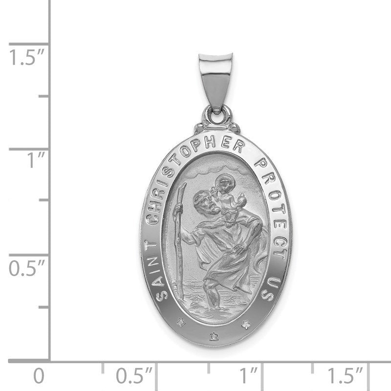 14k White Gold Polished and Satin Hollow St Christopher Medal Oval Pendant