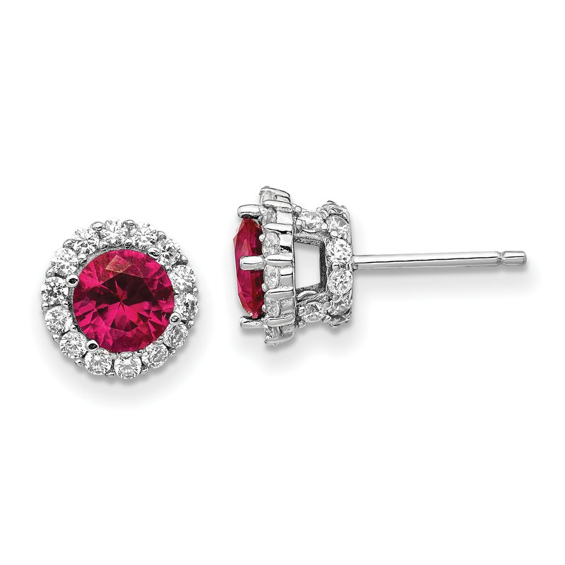 Sterling Silver Rhodium-plated Brilliant-cut Lab Created Ruby and Brilliant-cut White CZ Round Halo Post Earrings
