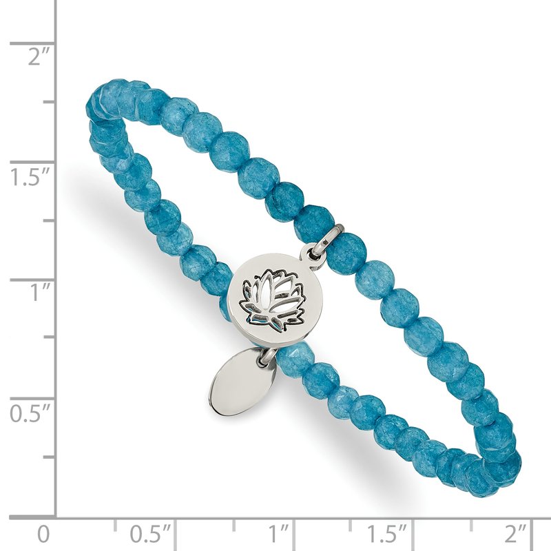 Stainless Steel Polished Lotus 4mm Blue Jade Beaded Stretch Bracelet