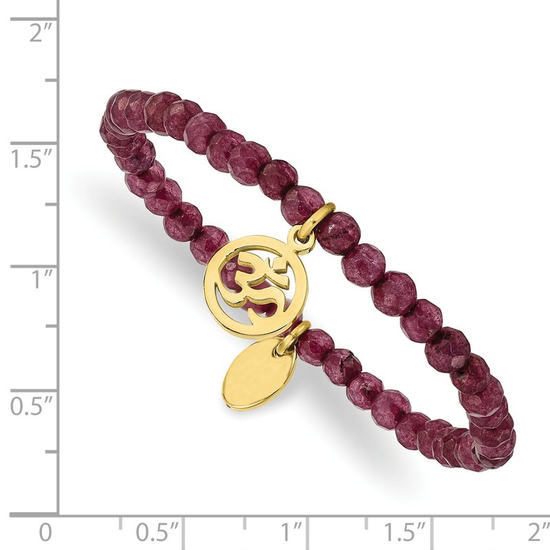 Stainless Steel Polished Yellow IP-plated OHM 4mm Purple Jade Beaded Stretch Bracelet