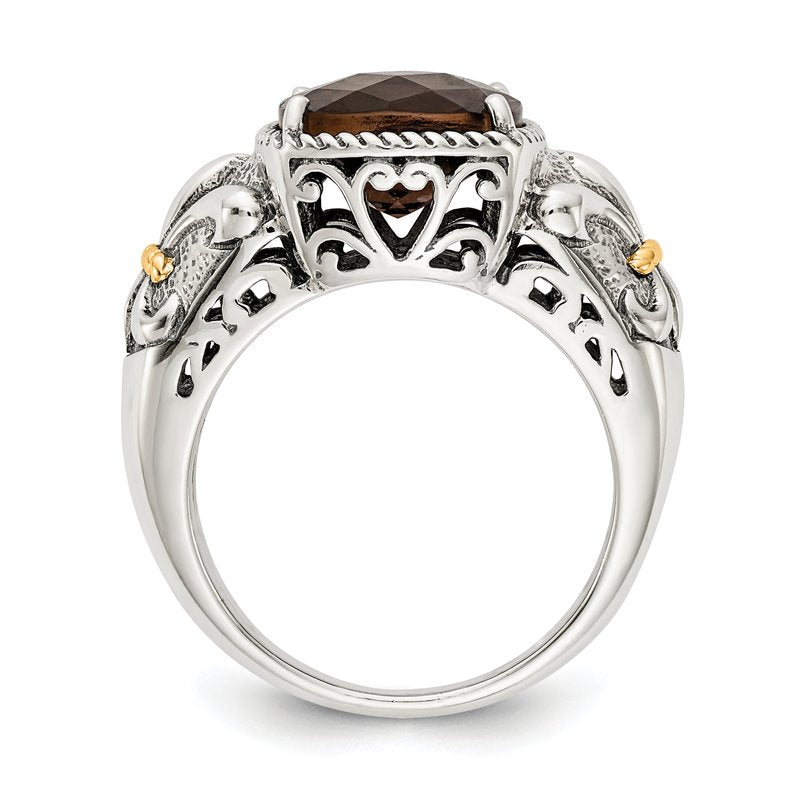Sterling Silver with 14K Accent Antiqued Cushion Smoky Quartz Ring