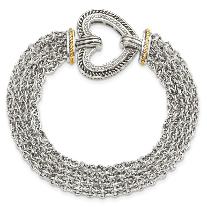 Sterling Silver with 14K Accent 7.75 Inch Antiqued Diamond Heart Bracelet