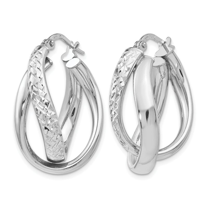 Sterling Silver RH-plated Polished / Textured Fancy Hoop Earrings