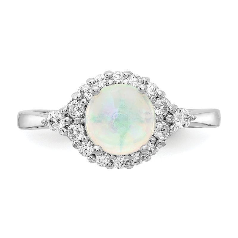 Sterling Silver Rhodium-plated Cabochon Lab Created Opal and Brilliant-cut CZ Ring