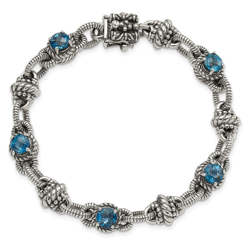 Sterling Silver 7.75 inch Antiqued Round London Blue Topaz Bracelet