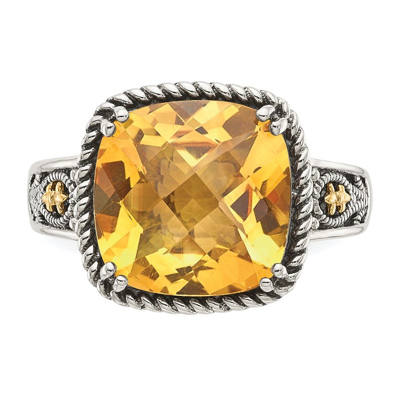 Sterling Silver with 14K Accent Antiqued Cushion Citrine Ring