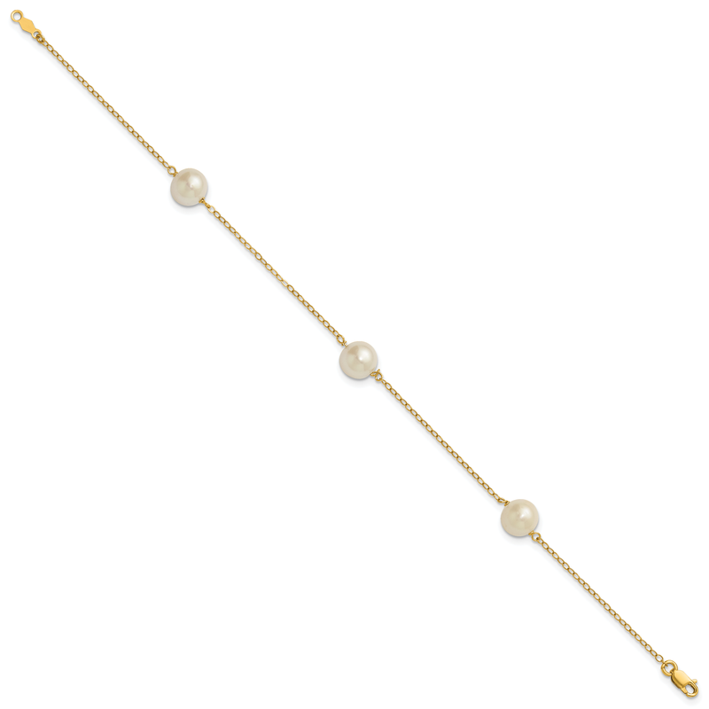 14k 7-8mm White Near-Round Freshwater Cultured Pearl 3-Station 7.25 inch Bracelet