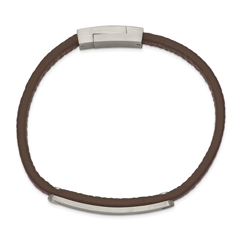 Stainless Steel Brushed Brown Leather 8.25 inch ID Bracelet