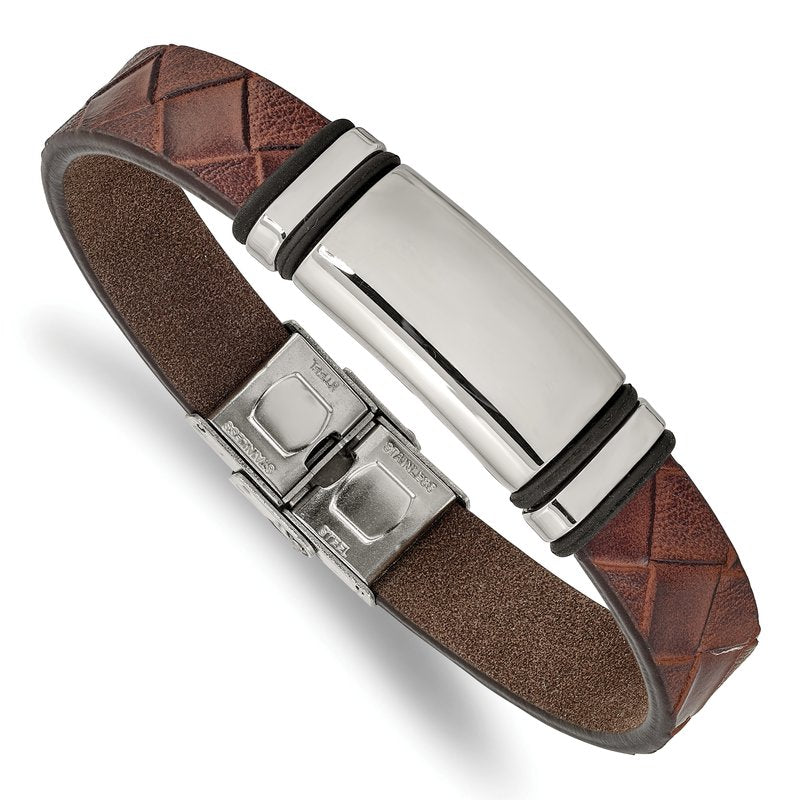 Stainless Steel Polished Brown Faux Leather with Black Rubber 8.25 inch ID Bracelet
