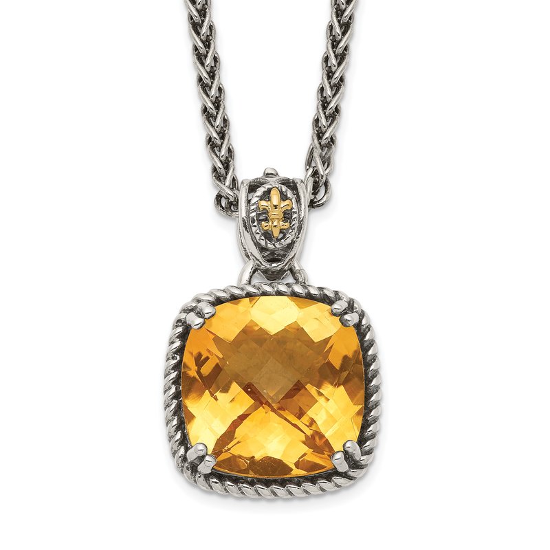 Sterling Silver with 14K Accent 18 Inch Antiqued Checkerboard Cushion Citrine Necklace