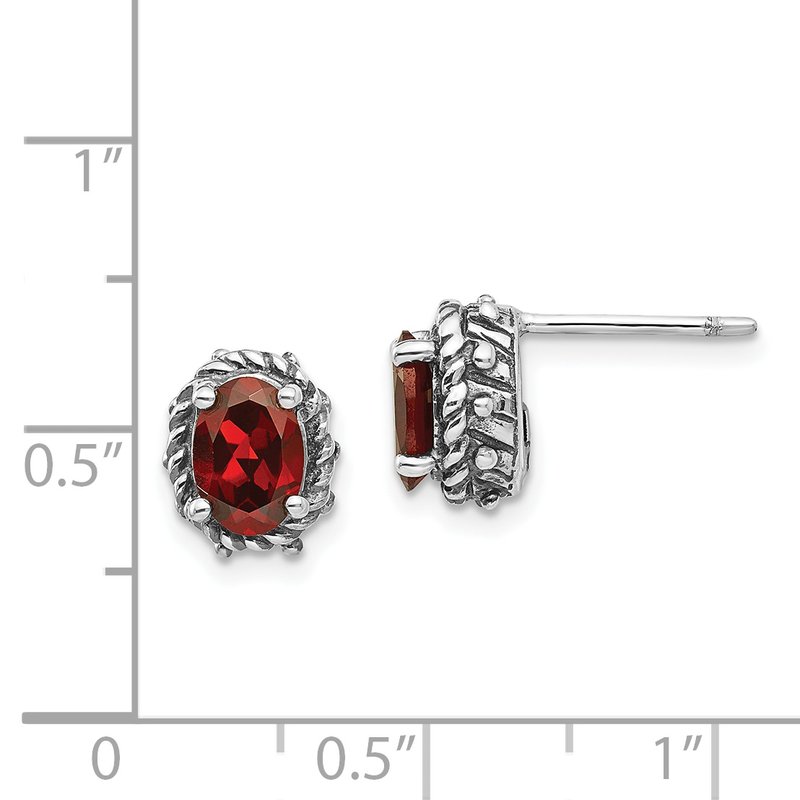 Sterling Silver Antiqued Oval Garnet Post Earrings