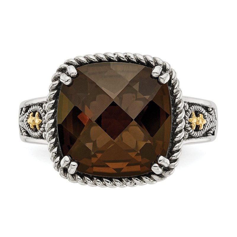 Sterling Silver with 14K Accent Antiqued Cushion Checkerboard Smoky Quartz Ring