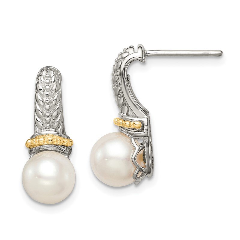 Sterling Silver Rhodium-plated with 14K Accent 7-8mm Freshwater Cultured Pearl Post Dangle Earrings